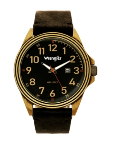 Wrangler Men's Watch, 48mm Antique Brass Case, Black Dial With Bronze Arabic Numerals, Brown Strap, Analog Wa