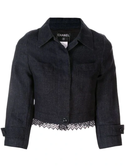 Pre-owned Chanel Zig-zag Knitted Hem Cropped Jacket In Blue