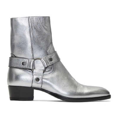 Saint Laurent Wyatt Leather Boots In Argento/nero