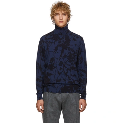 Etro Floral Print Wool And Cashmere Turtleneck In Blue