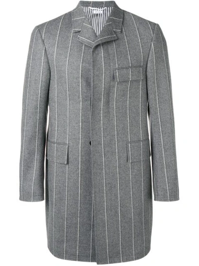 Thom Browne Striped Single Breasted Coat In Grey