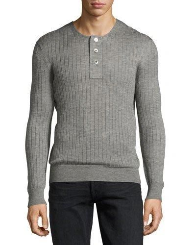 Tom Ford Lightweight Cashmere-silk Ribbed Henley Sweater, Light Gray