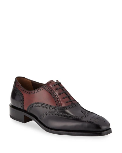 Ferragamo Men's Tramezza Two-tone Brogue Leather Oxford Shoes In Black