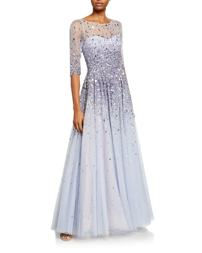 Jenny Packham 3/4-sleeve Jeweled Tulle Illusion Gown In Lavender