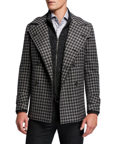 Isaia Men's Exploded Houndstooth Double-breasted Coat In Black
