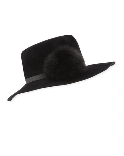 Frasconi Rabbit Felt Fedora Hat W/ Fur Pompom In Black