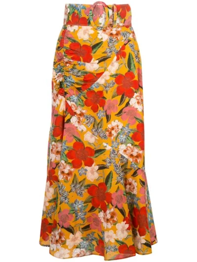 Nicholas Belted Floral-print Cotton And Silk-blend Midi Skirt In Orange