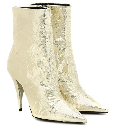 Saint Laurent Lou 100 Crinkled Faux Mirrored-leather Ankle Boots In White Gold