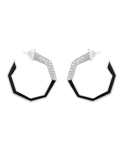 Nikos Koulis V 18k White Gold Black Enamel Diamond Faceted Hoop Earrings