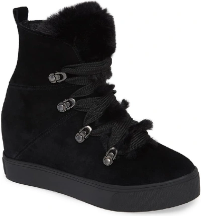 J/slides Whitney Faux Fur Trim High Top Sneaker In Black Suede