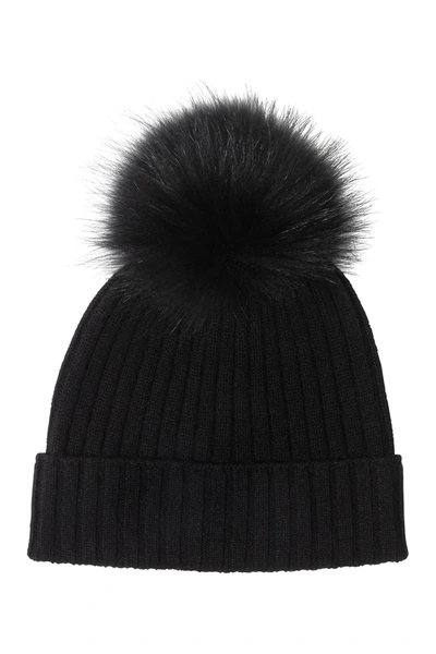 Amicale Cashmere Links Stitch Cuffed Hat With Genuine Fox  Fur Pom In 001blk