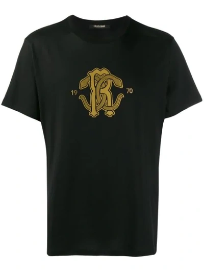 Roberto Cavalli Gold Logo Print T-shirt In Black