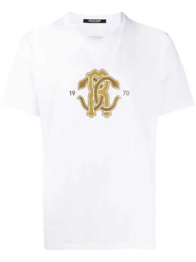 Roberto Cavalli Gold Logo Print T-shirt In White