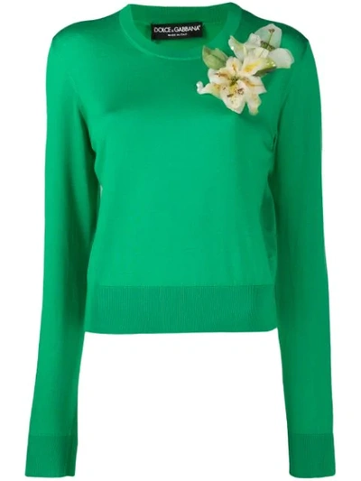 Dolce & Gabbana Short Silk Sweater With Embroidery In Green