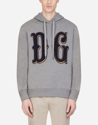 Dolce & Gabbana Jersey Hoodie With Dg Patch In Grey,blue