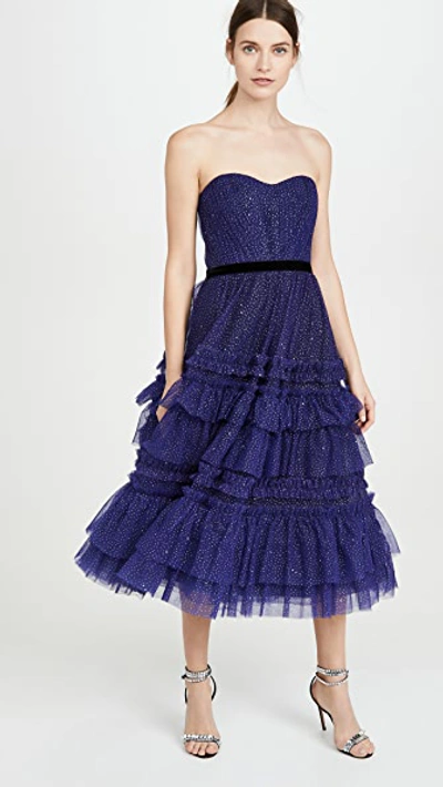 Marchesa Notte Glitter Tulle Strapless Tea-length Gown In Royal