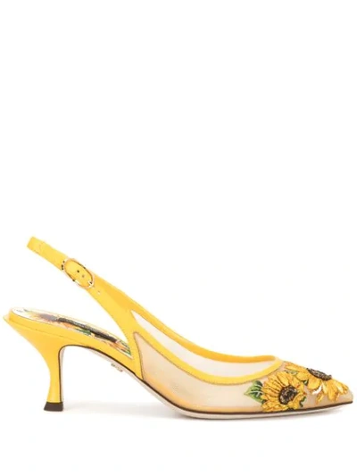 Dolce & Gabbana Sunflower Mesh And Leather Slingback Pumps In Yellow