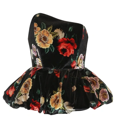 Attico Asymmetric Floral-print Velvet Peplum Top In Black Multicolor