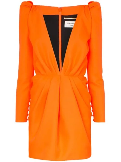 Saint Laurent Plunging V-neck Fluo Mini Dress In Gabardine In Orange