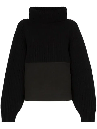 Haider Ackermann Denim-paneled Ribbed Wool Turtleneck Sweater In Black