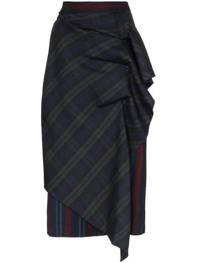 Pushbutton Ruffled Paneled Tartan And Striped Wool-blend Skirt In Green/navy