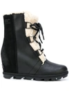 Sorel Joan Of Arctic Wedge Ii Shearling-trimmed Waterproof Leather And Suede Ankle Boots In Black