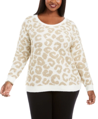 Belldini Plus Size Metallic Animal-print Sweater In Winter White/gold