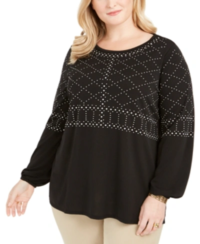Belldini Plus Size Embellished Top In Black/silver