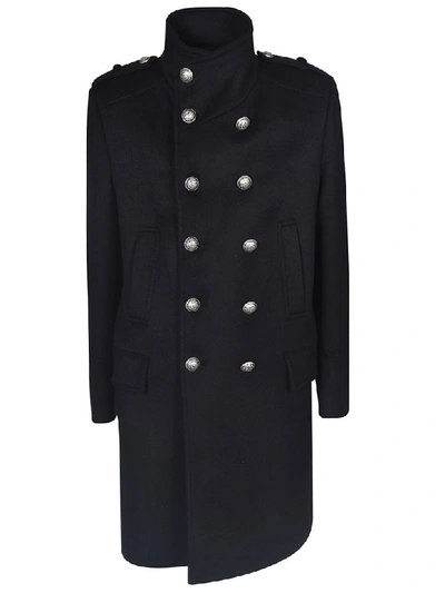 Balmain Double-breasted Long Coat In Black