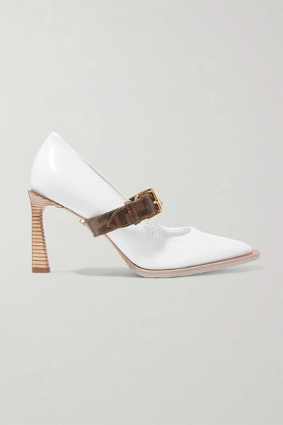 Fendi Logo-print Coated Canvas And Patent-leather Mary Jane Pumps In White,brown