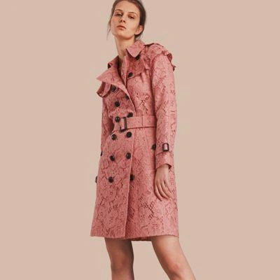 Burberry Ruffle Detail Macramé Lace Trench Coat In Antique Rose | ModeSens