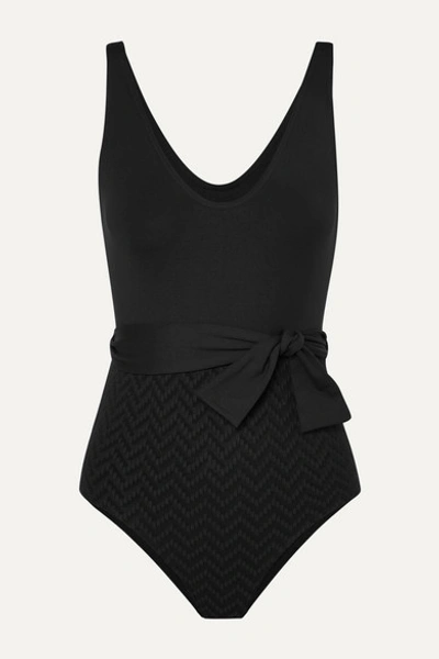 Eres Belted Paneled Seersucker Swimsuit In Black