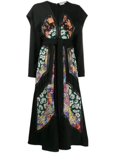 Stella Mccartney + Net Sustain Vegetarian Leather-trimmed Twill And Floral-print Silk Dress In Black