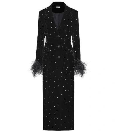Miu Miu Feather And Silk Satin-trimmed Crystal-embellished Velvet Coat In Black