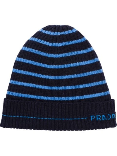 Prada Striped Knitted Beanie Hat In Blue