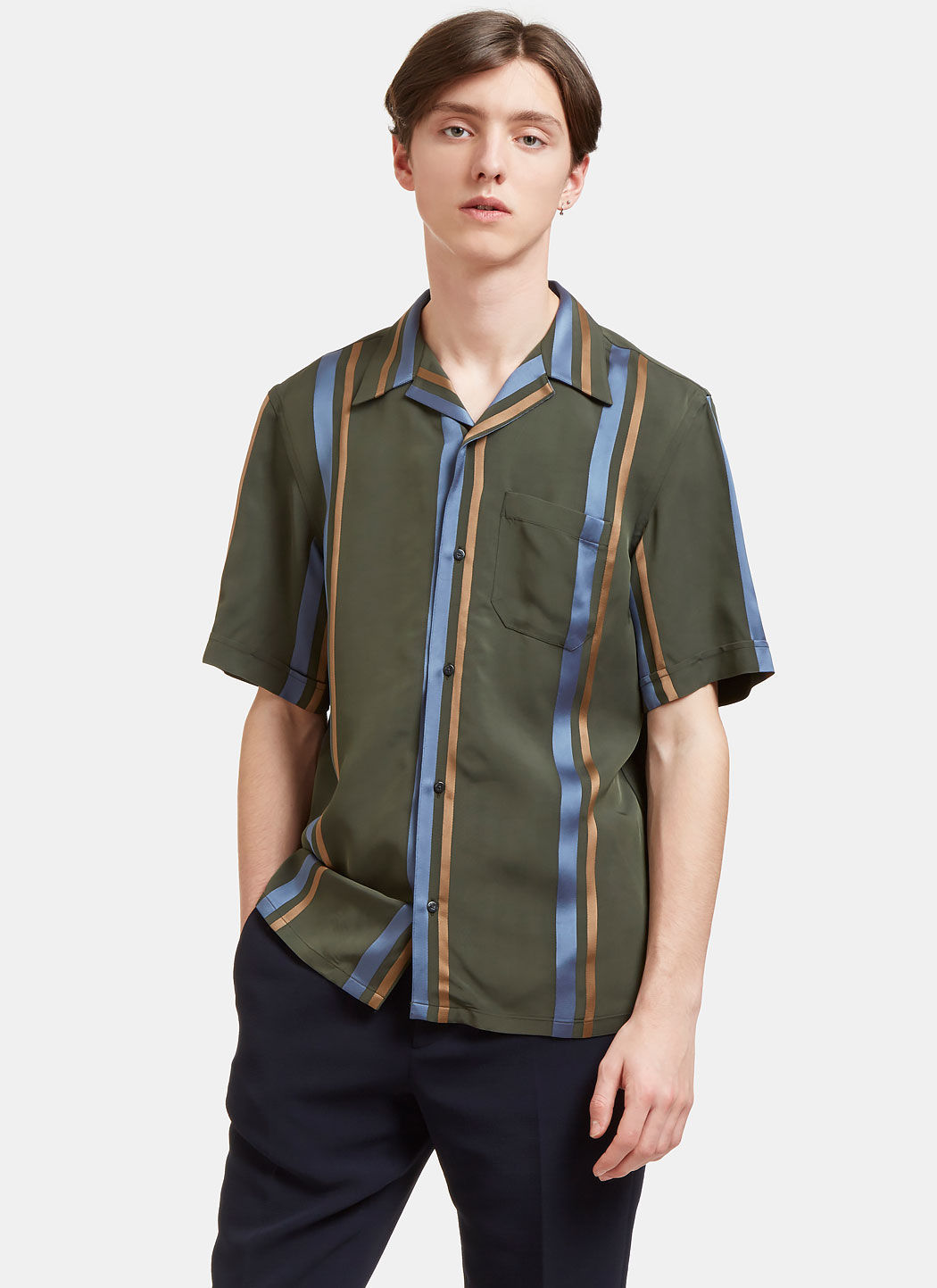 Fendi Men's Satin Striped Short Sleeved Shirt In Khaki | ModeSens