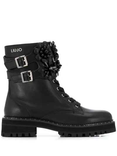Liu •jo Flower Appliqué Combat Boots In Black