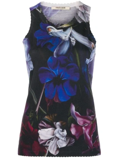 Roberto Cavalli Floral Print Scalloped Detail Top In Blue