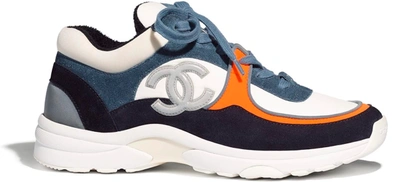 Pre-owned Chanel Low Top Trainer Cc White Navy (women's) In White/navy/orange