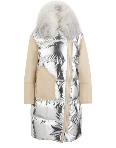 Yves Salomon Lambskin Winter Coat In Silver/meringue