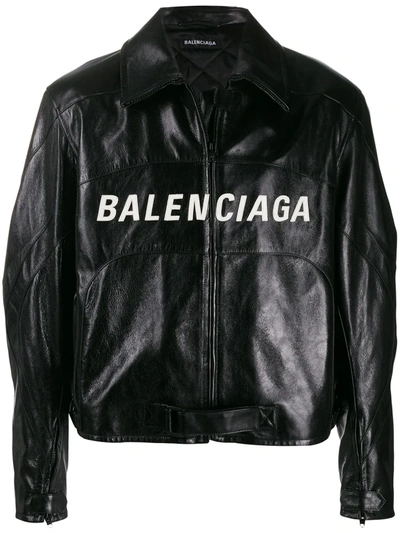 Balenciaga Men's Contrast Logo Leather Moto Jacket In Black