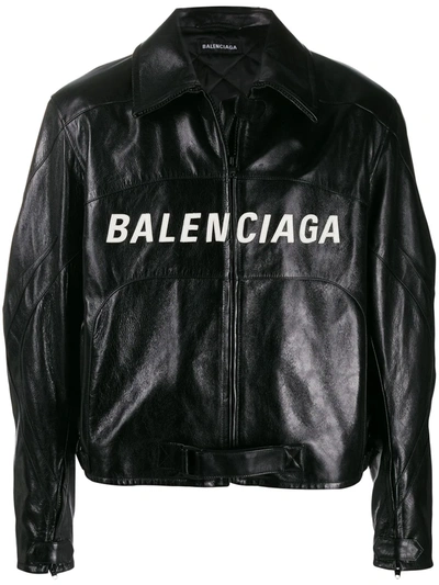 Balenciaga Men's Contrast Logo Leather Moto Jacket In Black | ModeSens