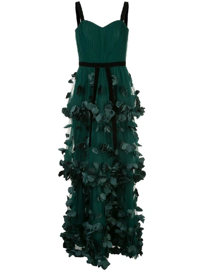 Marchesa Notte Sleeveless Three Tiered Column Gown With 3d Flowers In Emerald