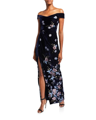Marchesa Notte Off-the-shoulder Floral Embroidered Velvet Gown With Slit In Navy
