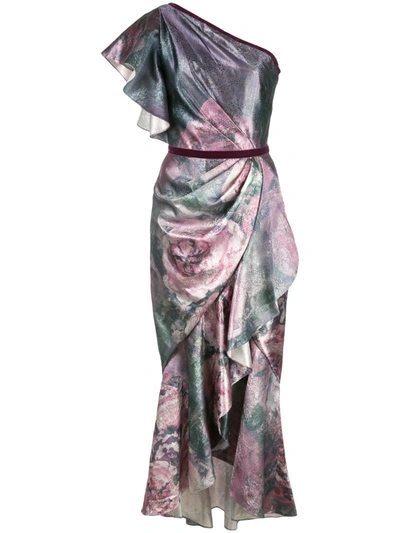 Marchesa Notte Metallic Jacquard One-shoulder Tea Length Dress W/ Ruffle Detailing In Purple