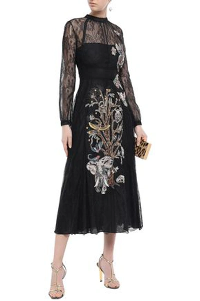 Valentino Point D'esprit-paneled Embroidered Silk-lace Midi Dress In Black