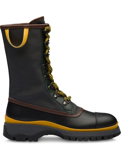 Prada Bi-material Lace-up Boots In Black