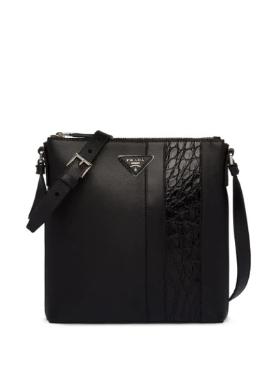 Prada Crocodile Panel Messenger Bag In Black