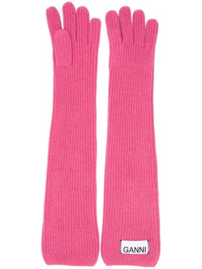 Ganni Rib-knitted Wool-blend Gloves In Fuchsia