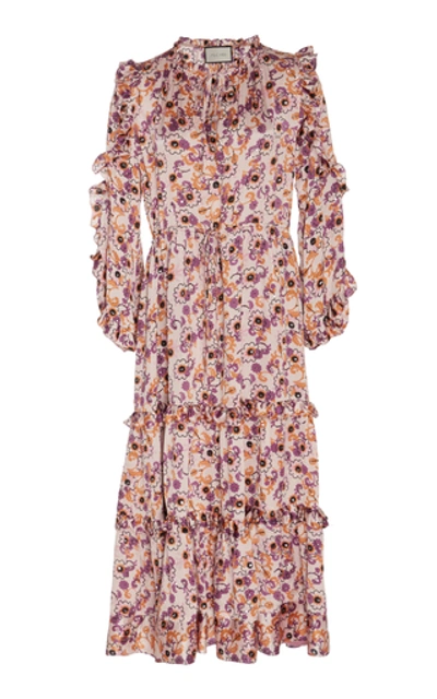 Alexis Isabel Ruffled Floral-print Satin-crepe Midi Dress In Lilac+flrl